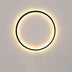 Black circular wall lamp with warm LED backlight glow against white wall.