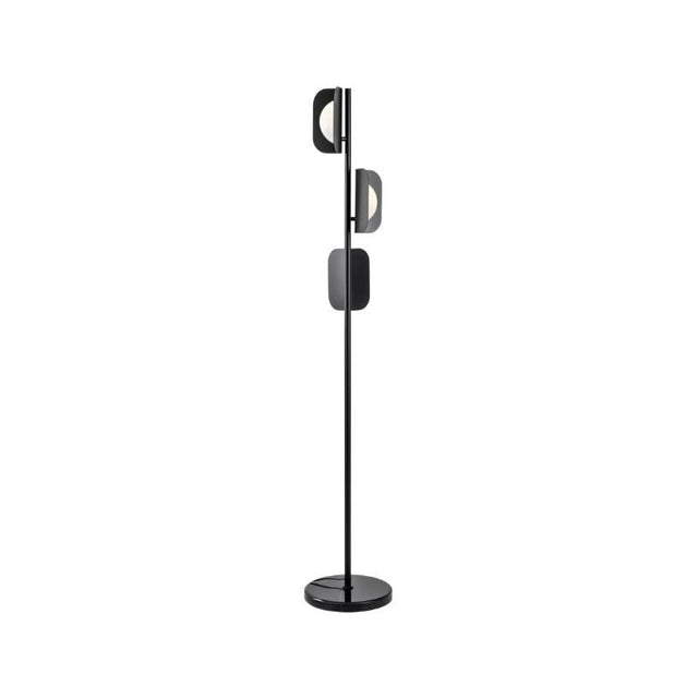 "A black modern floor lamp with layered acrylic shades and a marble base."