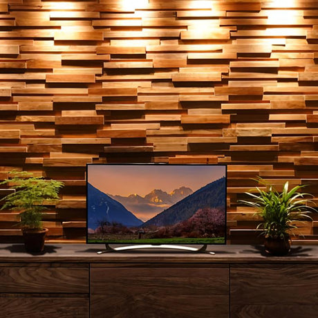 Ronus Decorative Panel - Modern, Acoustic-Enhancing Design installed behind a TV with ambient lighting and indoor plants, enhancing room aesthetics.