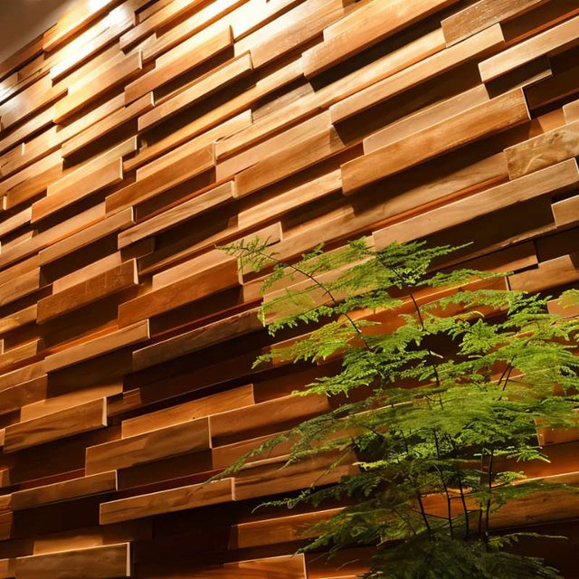 Ronus Decorative Panel - Modern, Acoustic-Enhancing Design with layered wood texture and indoor plant, ideal for modern interior decor.