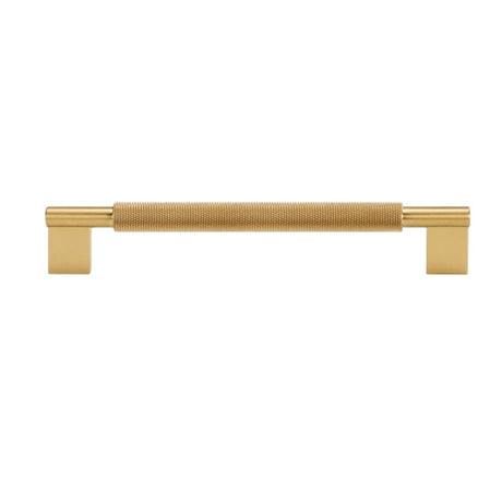 "A full view of a knurled brass pull bar with clean edges, blending industrial design and functionality for modern spaces."
