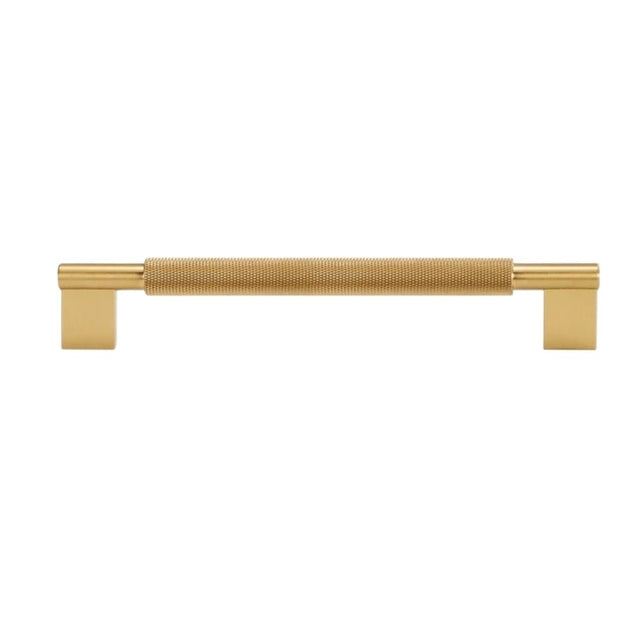 "A full view of a knurled brass pull bar with clean edges, blending industrial design and functionality for modern spaces."