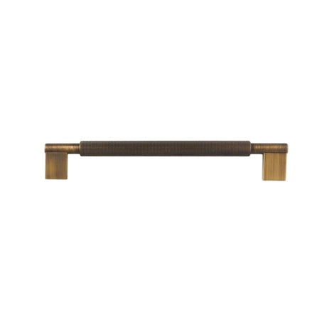 "A knurled brass pull bar with clean edges, blending industrial design and functionality for modern spaces."