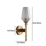 "Dimensions of a modern wall lamp with a copper base, gold finish, and textured glass shade."