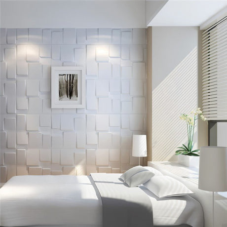 Rusan PVC Wall Panels in a minimalist bedroom setting, offering a sleek 3D wall texture for modern DIY interior transformations.