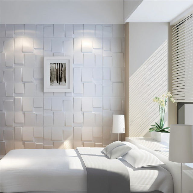 Rusan PVC Wall Panels in a minimalist bedroom setting, offering a sleek 3D wall texture for modern DIY interior transformations.