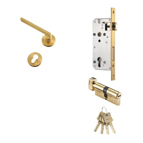 Sabaat Handle and Lock in gold with full locking system and keys, combining elegance and functionality for interiors.