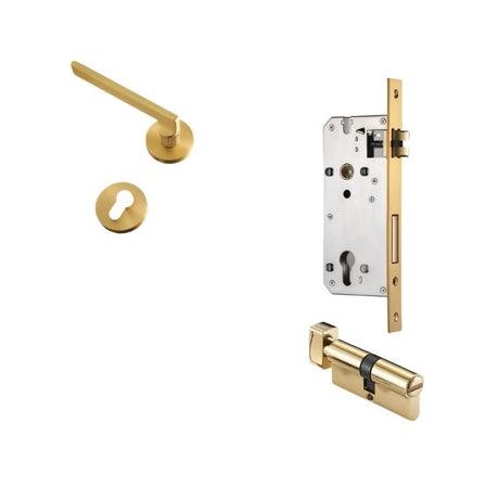 Sabaat Handle and Lock in gold with euro profile cylinder and mortise lock, offering a secure and stylish door solution.