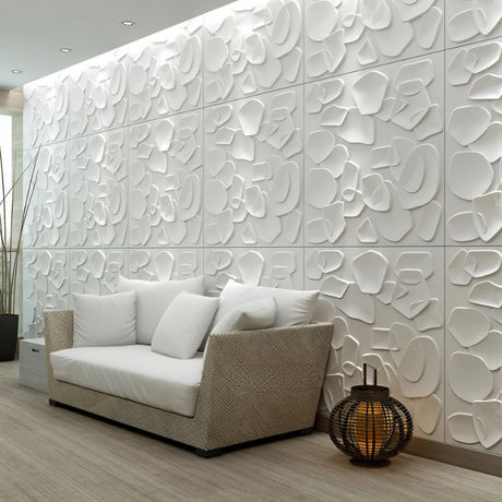 Sabit PVC Wall Panels installed in a modern living room, featuring a white 3D abstract design. Stylish, waterproof, and easy to install decor.
