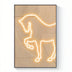 Neon dog silhouette glowing in warm white light against tan wood grain textured background.