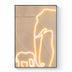 Framed neon light art featuring warm golden outlines of giraffes against a beige striped wooden background.