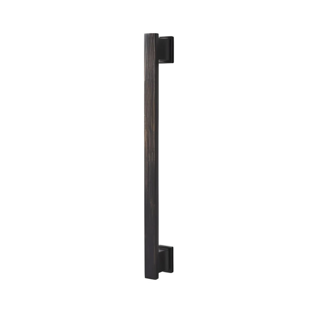 "Long brown zinc alloy pull bar with angular design and wood texture, isolated on a white background."