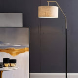 "Modern iron floor lamp with a sleek black frame and fabric drum shade, offering soft, diffused lighting for contemporary interiors."