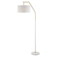 "White iron floor lamp with gold accents and a fabric drum shade, offering a clean, modern look for contemporary home decor."