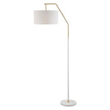 "White iron floor lamp with gold accents and a fabric drum shade, offering a clean, modern look for contemporary home decor."