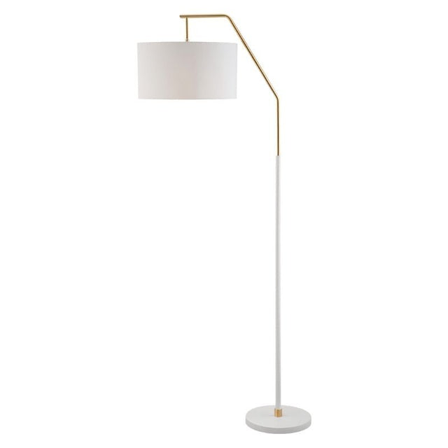"White iron floor lamp with gold accents and a fabric drum shade, offering a clean, modern look for contemporary home decor."