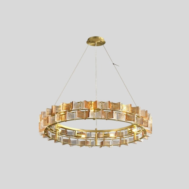 "Round iron Salane chandelier with layered amber glass elements, centered isolated on a light grey background."