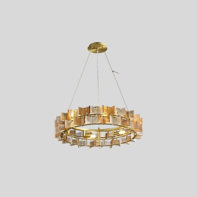 "Round iron Salane chandelier with layered amber glass elements, isolated on a light grey background."