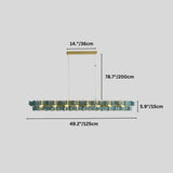 "Iron Salane chandelier with layered blue glass elements and dimensions showing 14 inches/36 cm height, 78.7 inches/200 cm overall height, 5.9 inches/15 cm glass panel height, and 49.2 inches/125 cm width."