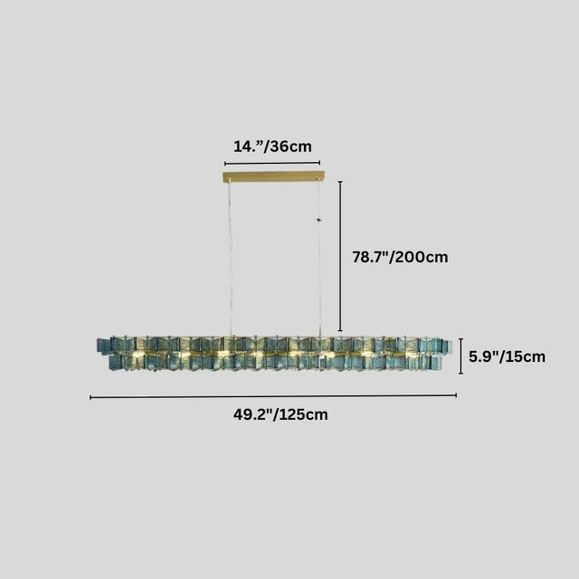 "Iron Salane chandelier with layered blue glass elements and dimensions showing 14 inches/36 cm height, 78.7 inches/200 cm overall height, 5.9 inches/15 cm glass panel height, and 49.2 inches/125 cm width."