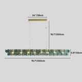 "Iron Salane chandelier with layered blue glass elements and dimensions showing 14 inches/36 cm height, 78.7 inches/200 cm overall height, 5.9 inches/15 cm glass panel height, and 78.7 inches/200 cm width."