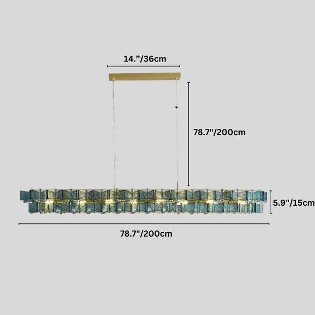 "Iron Salane chandelier with layered blue glass elements and dimensions showing 14 inches/36 cm height, 78.7 inches/200 cm overall height, 5.9 inches/15 cm glass panel height, and 78.7 inches/200 cm width."