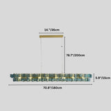 "Iron Salane chandelier with layered blue glass elements and dimensions showing 14 inches/36 cm height, 78.7 inches/200 cm overall height, 5.9 inches/15 cm glass panel height, and 70.8 inches/180 cm width."