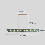 "Iron Salane chandelier with layered blue glass elements and dimensions showing 14 inches/36 cm height, 78.7 inches/200 cm overall height, 5.9 inches/15 cm glass panel height, and 59 inches/150 cm width."