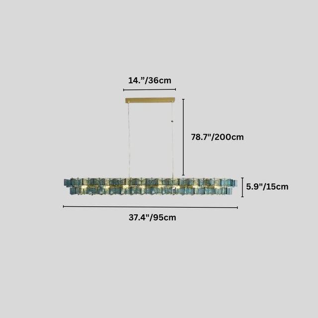 "Iron Salane chandelier with layered blue glass elements and dimensions showing 14 inches/36 cm height, 78.7 inches/200 cm overall height, 5.9 inches/15 cm glass panel height, and 37.4 inches/95 cm width."