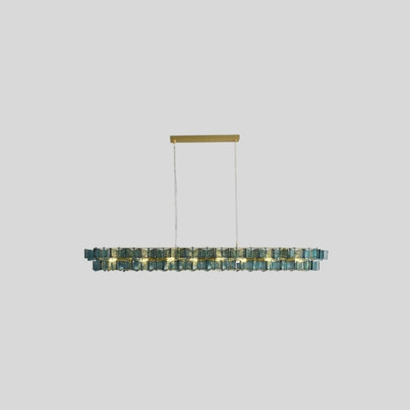 "Isolated iron Salane chandelier with layered blue glass elements, centered on a light grey background."