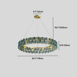 "Round iron Salane chandelier with layered blue glass elements and dimensions showing 4.7 inches/12 cm height, 78.7 inches/200 cm overall height, 5.9 inches/15 cm glass panel height, and 30.7 inches/78 cm width."