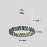 "Round iron Salane chandelier with layered blue glass elements and dimensions showing 4.7 inches/12 cm height, 78.7 inches/200 cm overall height, 5.9 inches/15 cm glass panel height, and 38.5 inches/98 cm width."