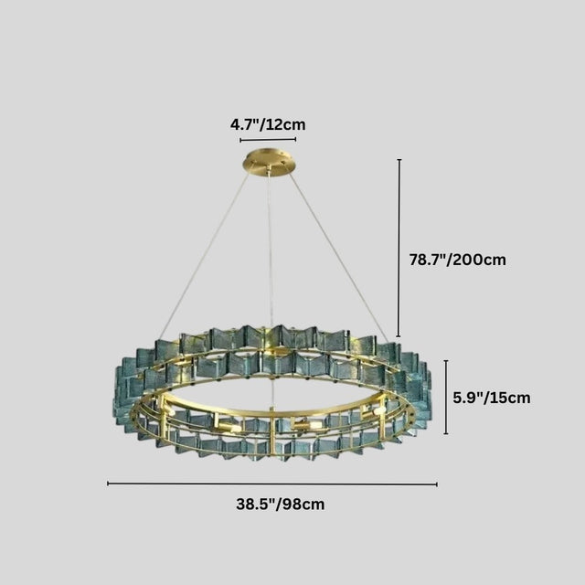 "Round iron Salane chandelier with layered blue glass elements and dimensions showing 4.7 inches/12 cm height, 78.7 inches/200 cm overall height, 5.9 inches/15 cm glass panel height, and 38.5 inches/98 cm width."