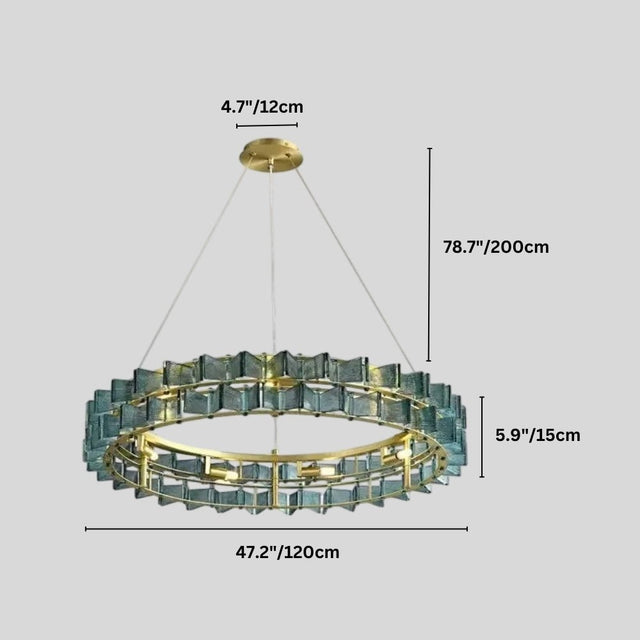 "Round iron Salane chandelier with layered blue glass elements and dimensions showing 4.7 inches/12 cm height, 78.7 inches/200 cm overall height, 5.9 inches/15 cm glass panel height, and 47.2 inches/120 cm width."