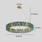 "Round iron Salane chandelier with layered blue glass elements and dimensions showing 4.7 inches/12 cm height, 78.7 inches/200 cm overall height, 5.9 inches/15 cm glass panel height, and 59 inches/150 cm width."