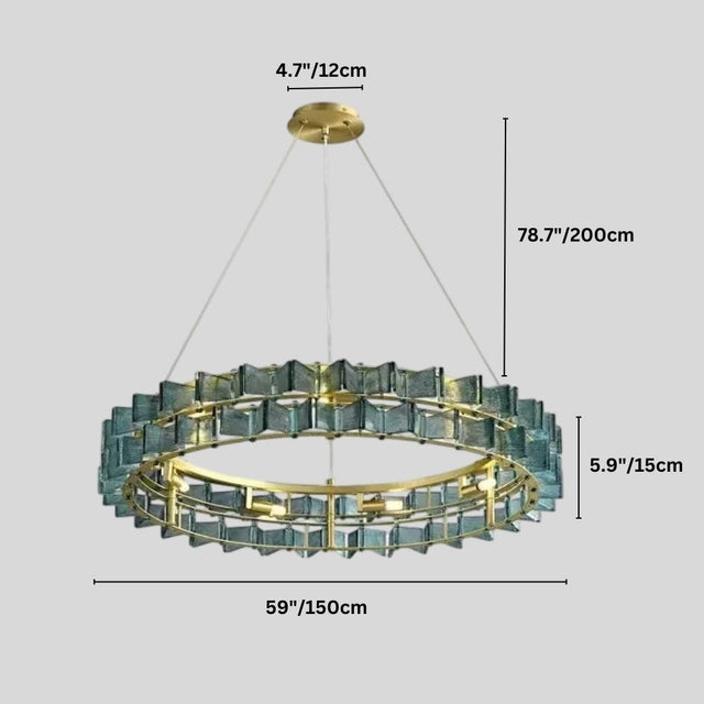 "Round iron Salane chandelier with layered blue glass elements and dimensions showing 4.7 inches/12 cm height, 78.7 inches/200 cm overall height, 5.9 inches/15 cm glass panel height, and 59 inches/150 cm width."