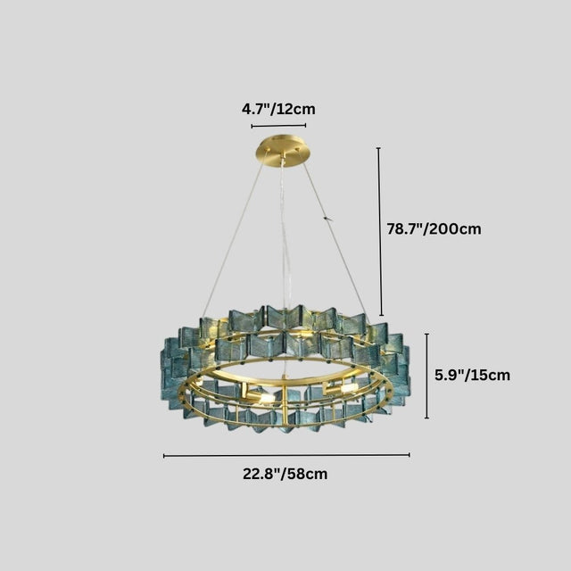 "Round iron Salane chandelier with layered blue glass elements and dimensions showing 4.7 inches/12 cm height, 78.7 inches/200 cm overall height, 5.9 inches/15 cm glass panel height, and 22.8 inches/58 cm width."