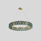 "Round iron Salane chandelier with layered blue glass elements, centered isolated on a light grey background."