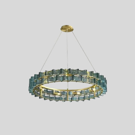 "Round iron Salane chandelier with layered blue glass elements, centered isolated on a light grey background."