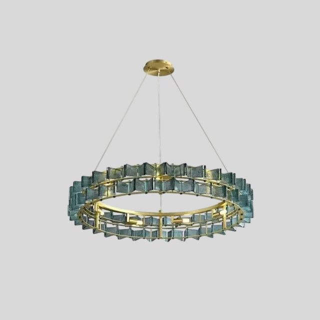 "Round iron Salane chandelier with layered blue glass elements, centered isolated on a light grey background."