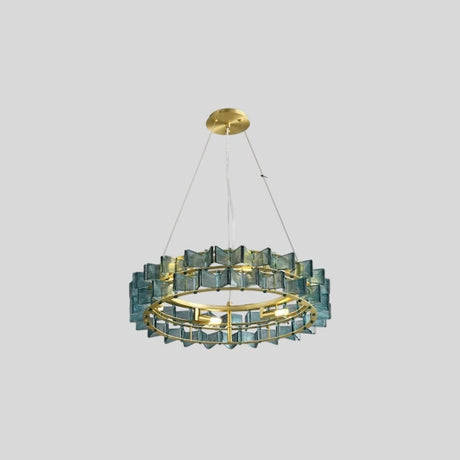 "Round iron Salane chandelier with layered blue glass elements, isolated on a light grey background."