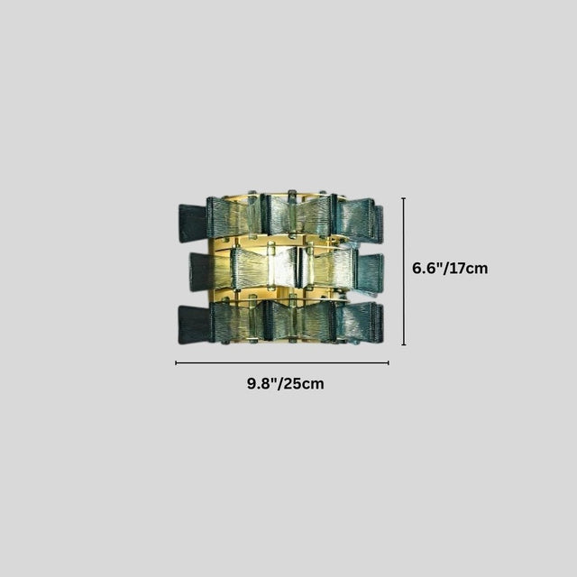 "Iron Salane wall lamp with layered blue glass panels and dimensions showing 9.8 inches/25 cm width and 6.6 inches/17 cm height."