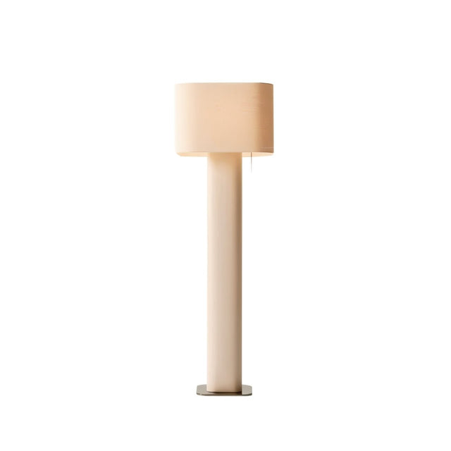 "Minimalist floor lamp with a cylindrical iron base and a rectangular fabric shade."