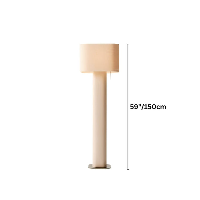 "Dimensions of a modern floor lamp with a cylindrical iron base and a rectangular fabric shade."