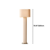 "Dimensions of a tall, modern floor lamp with a cylindrical iron base and a fabric shade."