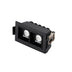 Black rectangular recessed downlight with dual white circular lenses and metal connector on white background.