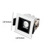 Small square white and black recessed downlight fixture with adjustable trim ring, shown against white background.