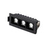 Black recessed downlight fixture with three adjustable LED spotlights on white background.
