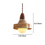 "Dimensions diagram of a handcrafted ceramic and wood pendant light with a textured shade, showing measurements."