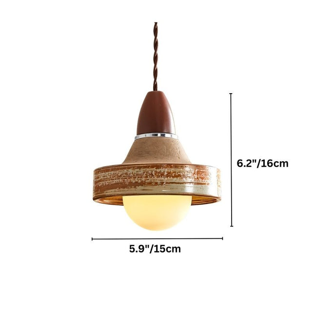 "Dimensions diagram of a handcrafted ceramic and wood pendant light with a textured shade, showing measurements."